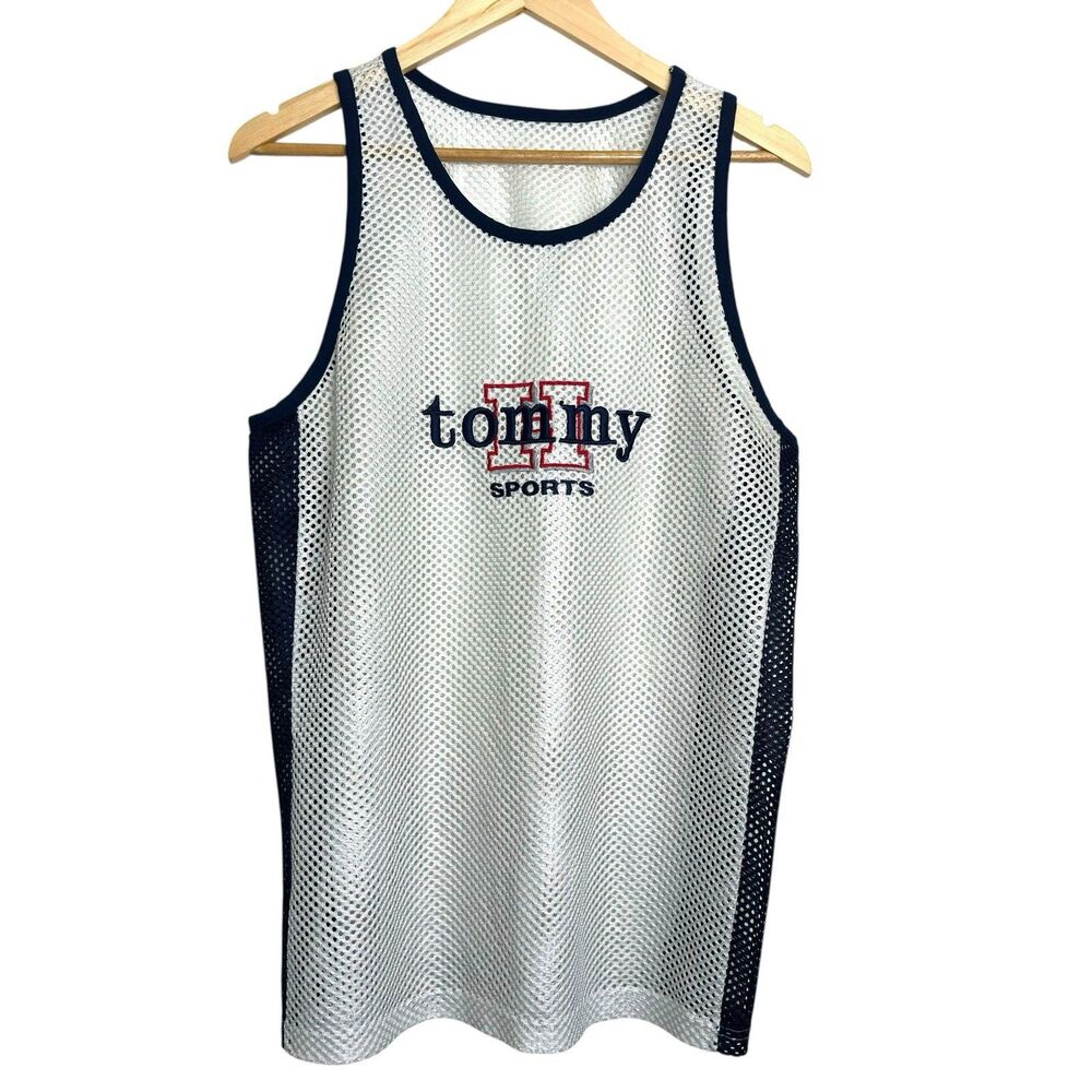 VTG 90s Tommy Sports Mesh Jersey Tank White/Blue Large Y2K Spellout